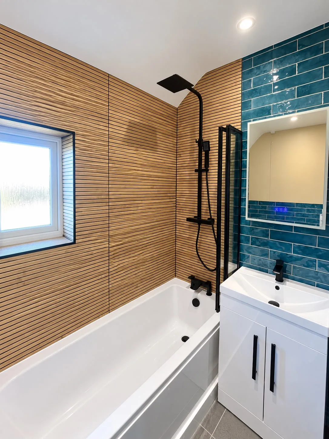 Bathroom after: wood-slat wall panels, teal tiles, black shower and new vanity unit